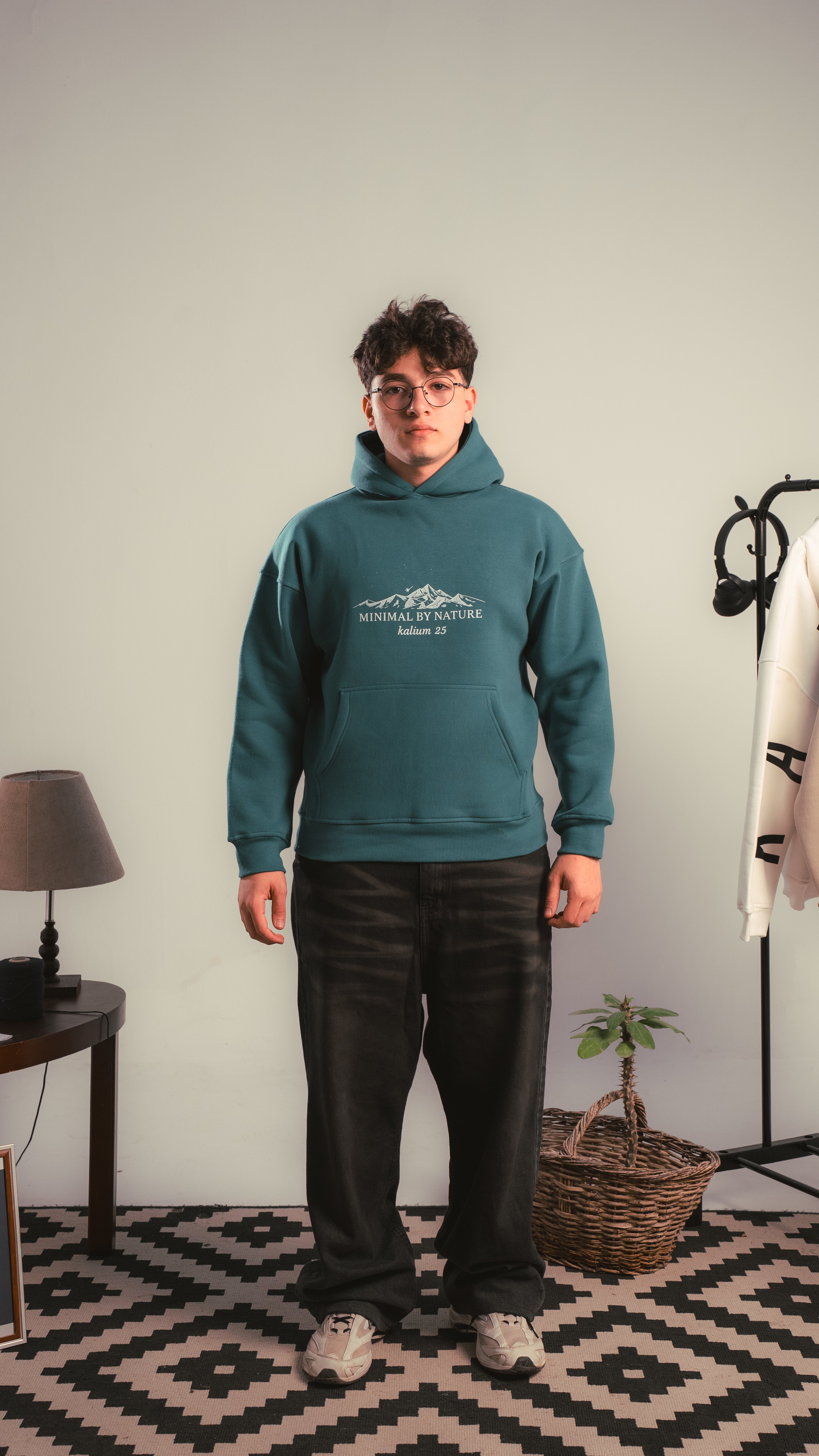 Person wearing a teal hoodie with a logo in a room with a lamp and plant.
