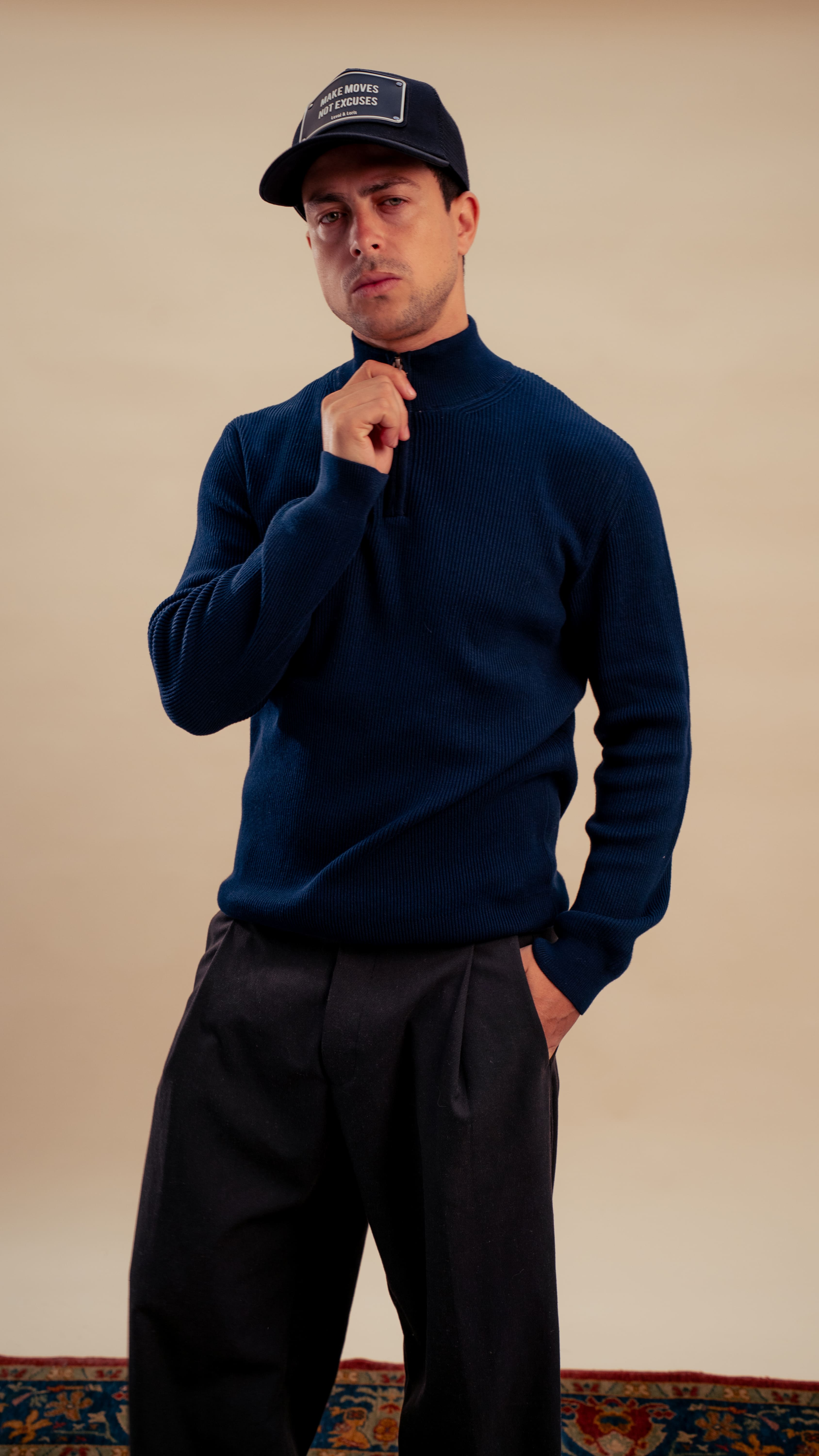 Knitted Quarter-Zip Shirt | Royal navy blue
