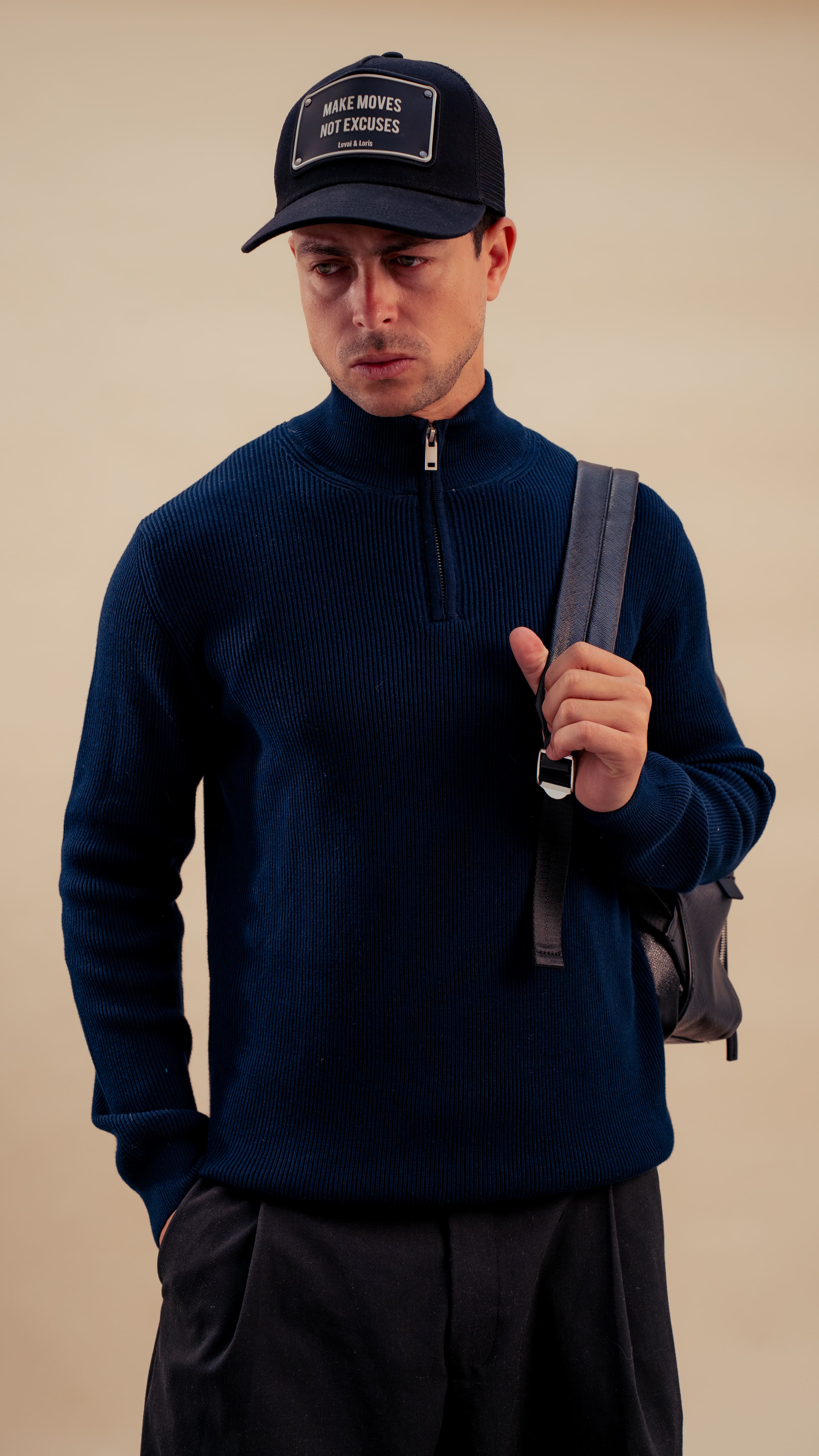 Knitted Quarter-Zip Shirt | Royal navy blue