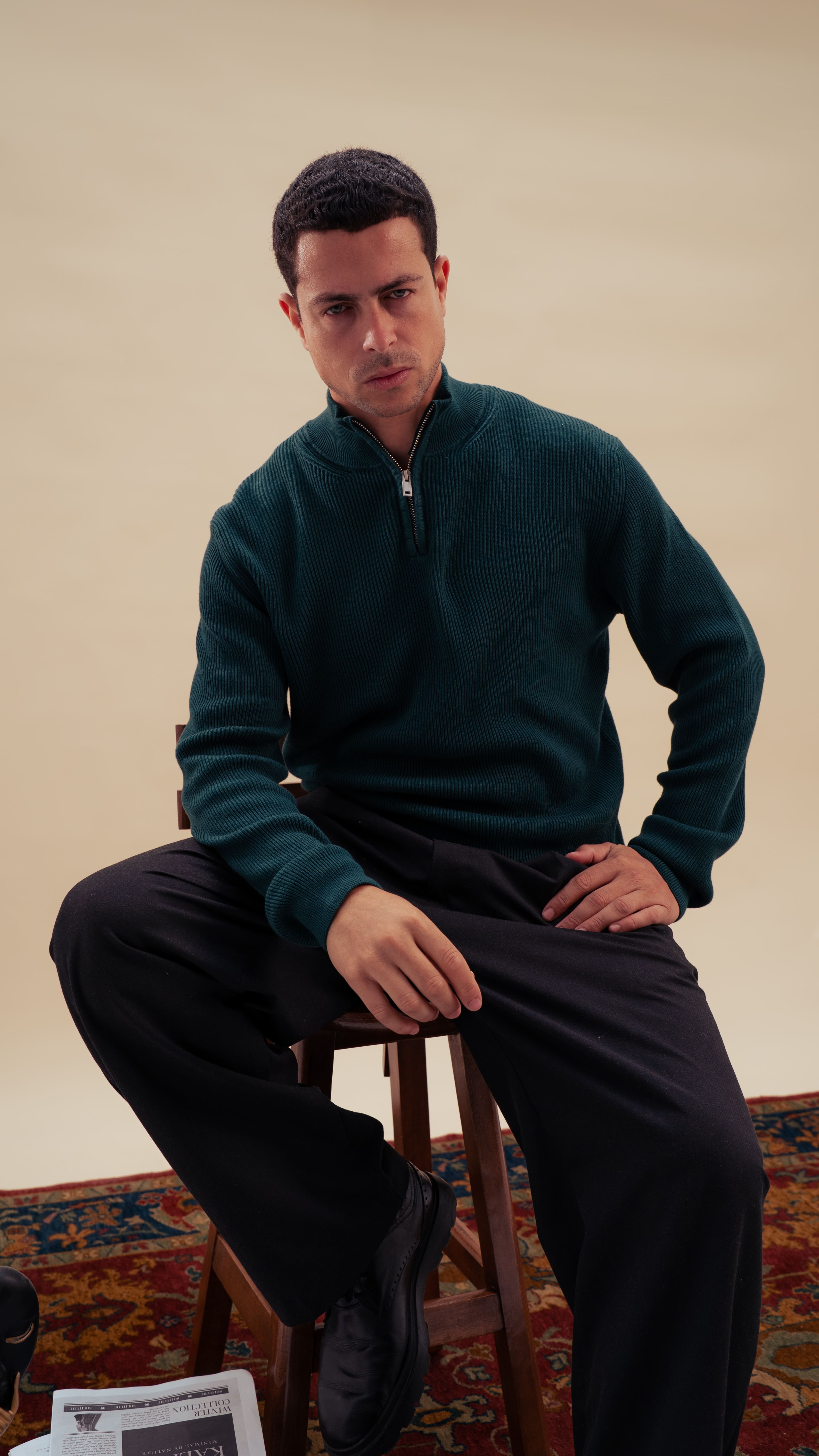 Knitted Quarter-Zip Shirt | Royal olive
