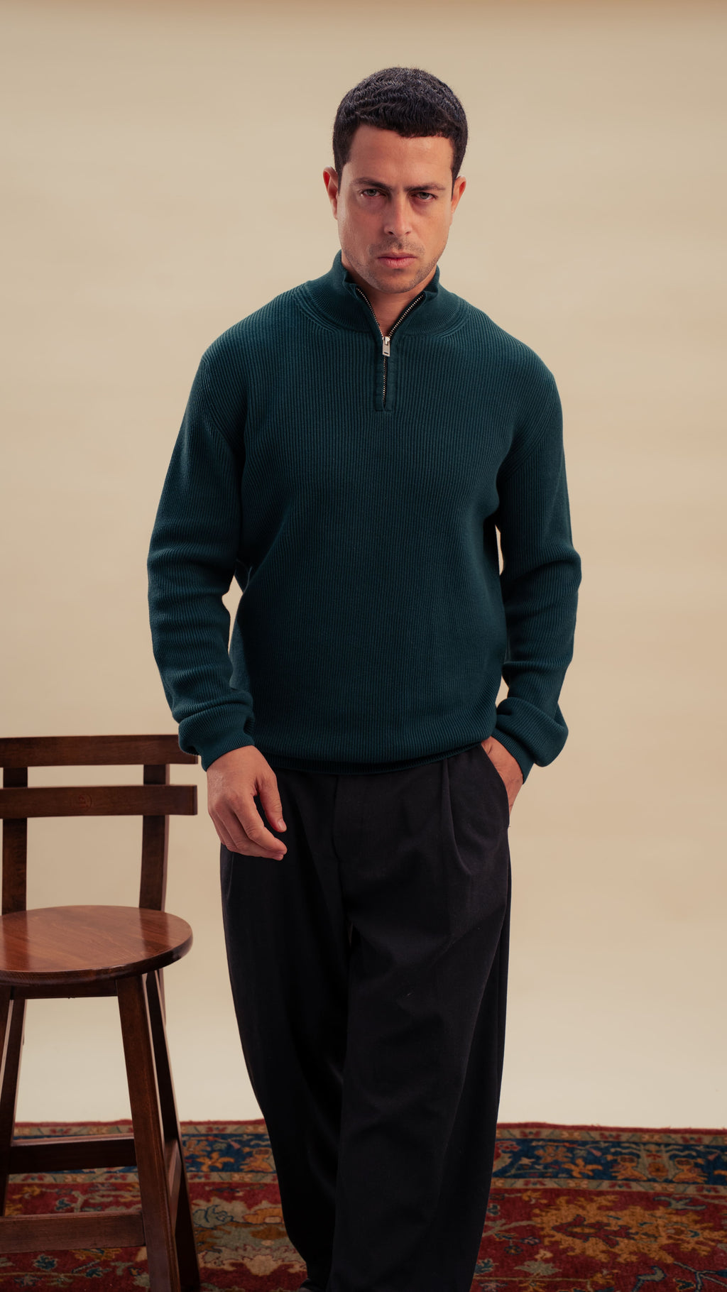 Knitted Quarter-Zip Shirt | Royal olive