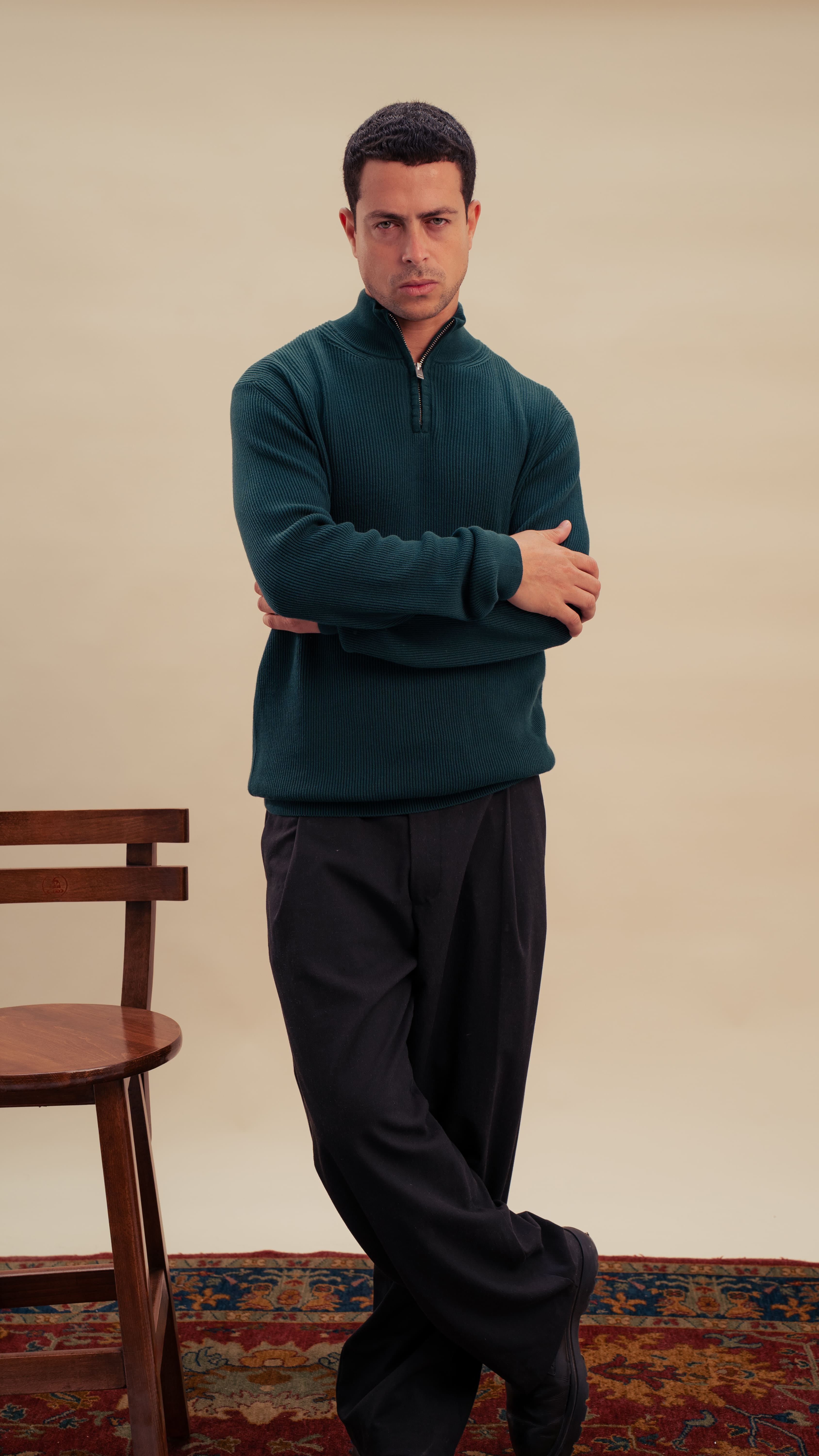 Knitted Quarter-Zip Shirt | Royal olive