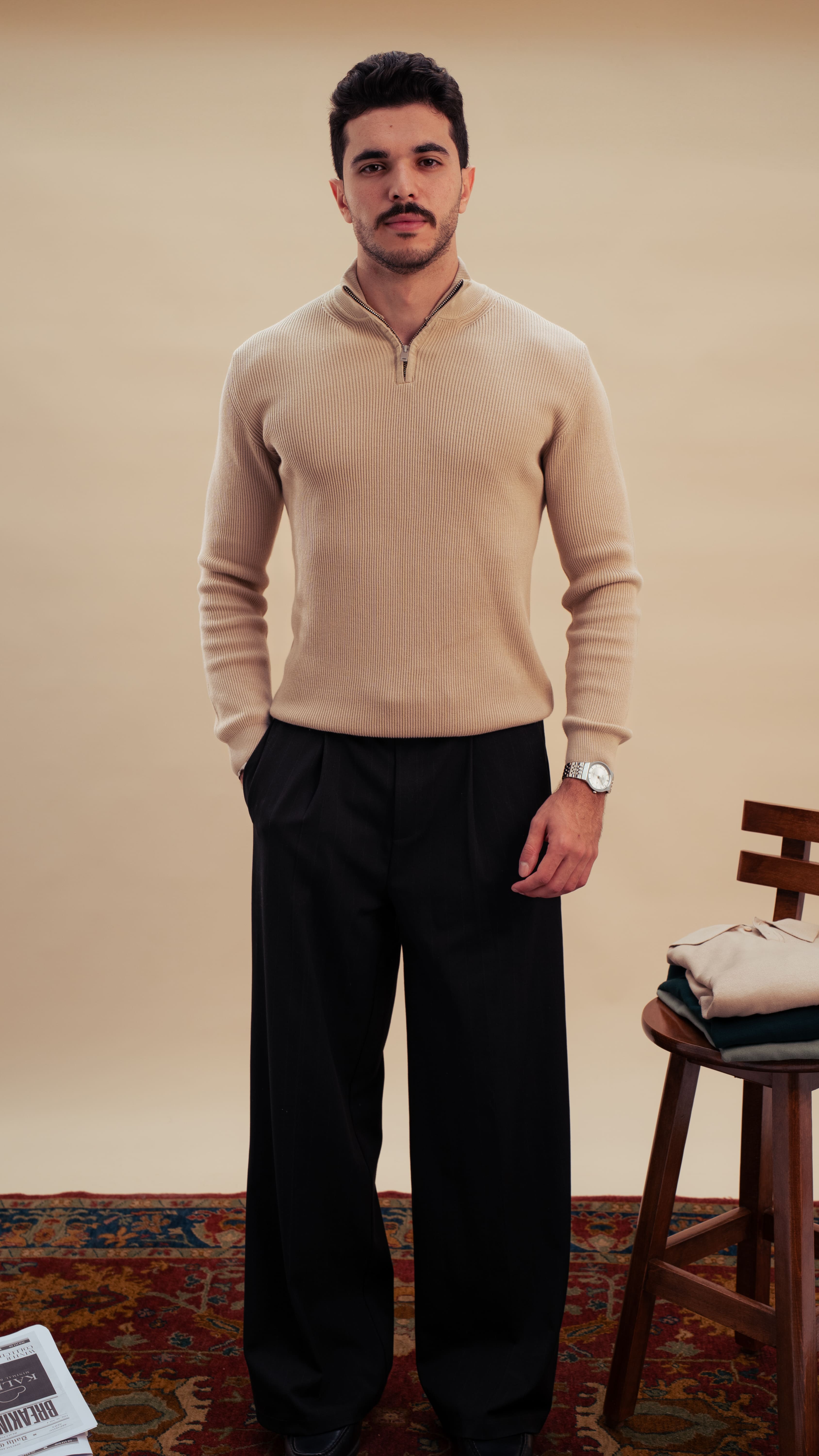 Knitted Quarter-Zip Shirt| Royal Beige